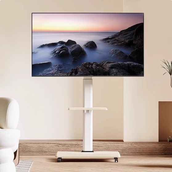 可移動式白色電視座地架連木色層板 (適合 37"-75") 不包安裝